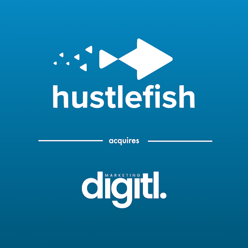 A blue background with a white fish-shaped logo and the name "hustlefish" over a horizontal line and the word "aquires." Below the line is another white logo with the name "Digitl Marketing."